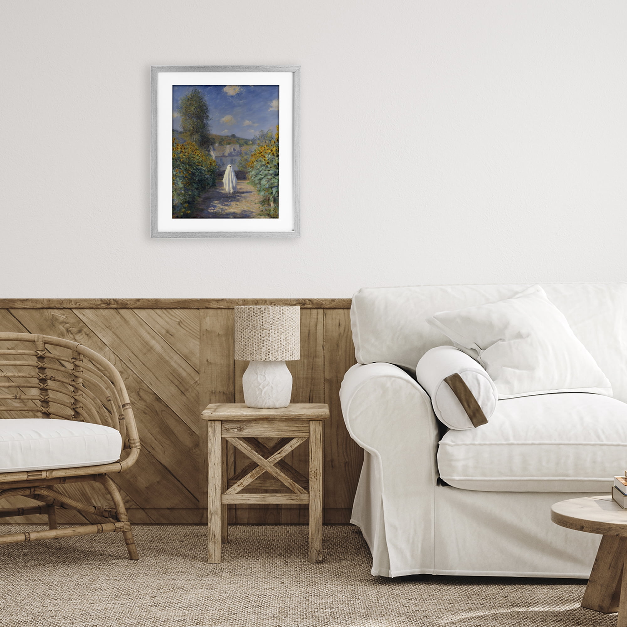 Monet Style Sunflower Ghost Gray Framed Print Under Glass, design by Arlington Prints