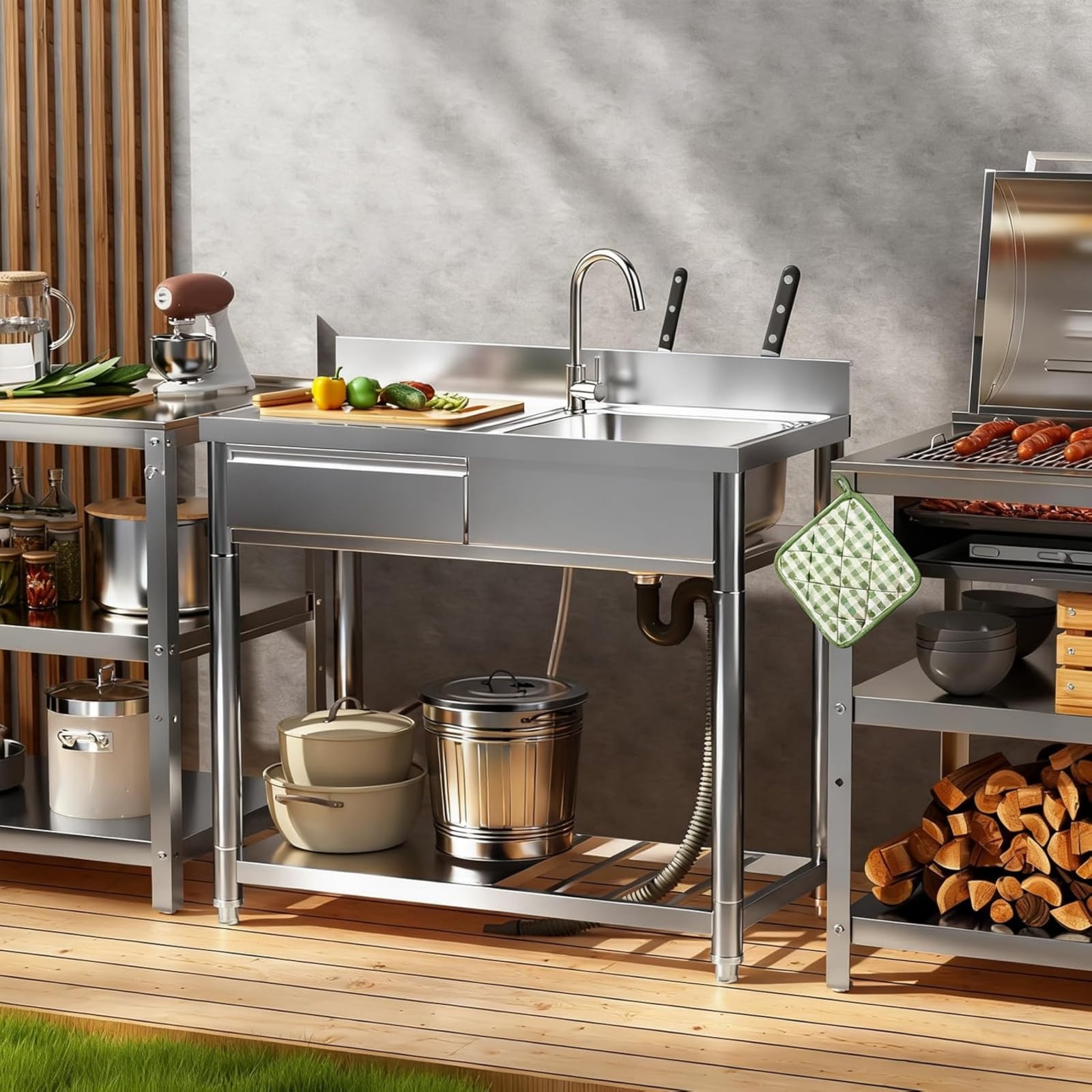 304 Stainless Steel Utility Sink, 39" Free Standing Single Bowl Restaurant Outdoor Kitchen Sink with Workbench, Knife Rack, Drawer, Storage Shelf & 360° Hot and Cold Faucet for Kitchen, Laundry Room