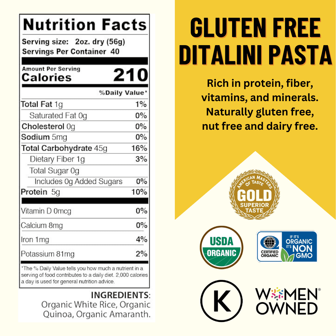 Pasta, Ditalini 5/5LB BAGS Certified Gluten Free, USDA Organic & GMO Free,  Wheat & Corn-Free, Made w/3 Ingredients -Mountain High Organics