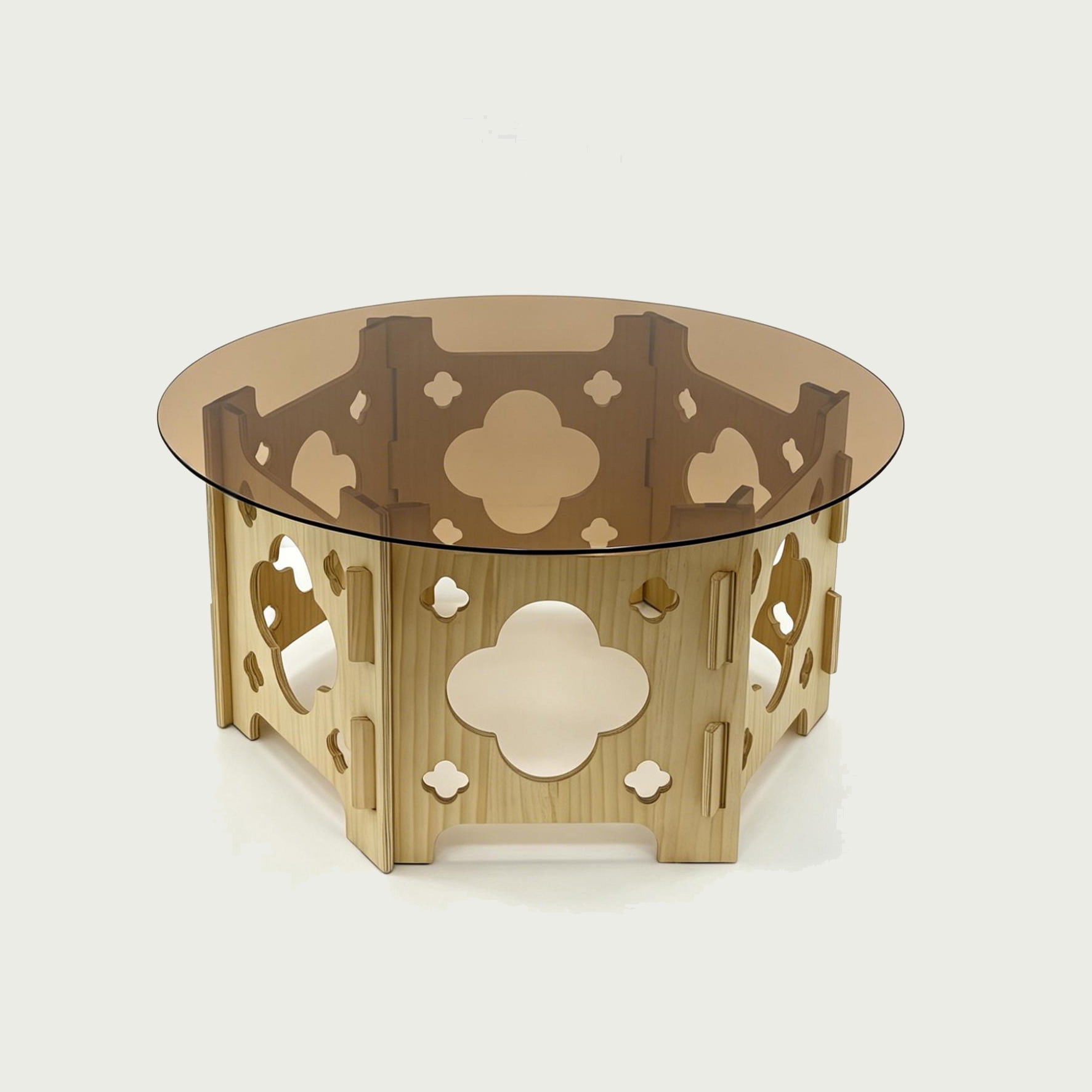 31.1-Inch Round Tempered Glass Coffee Table with Floral Hollow Wood Base, Farmhouse Center Tea Table for Living Room, Natural and Caramel