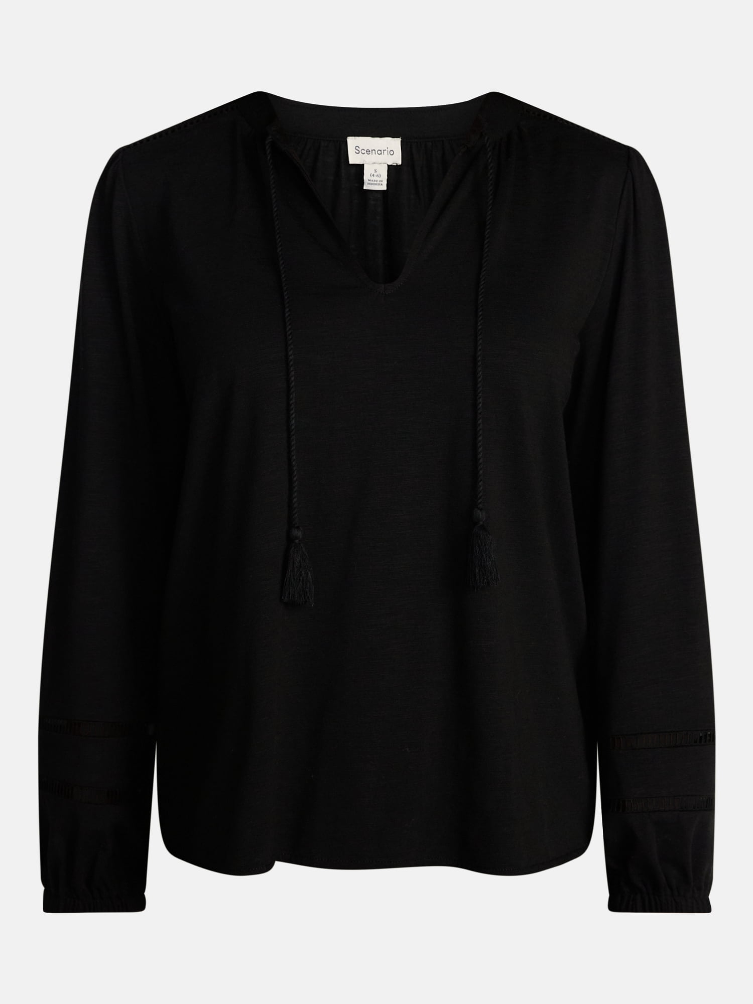Scenario Women's Slub Knit Split Neck Top with Long Sleeves, Sizes XS-XXXL