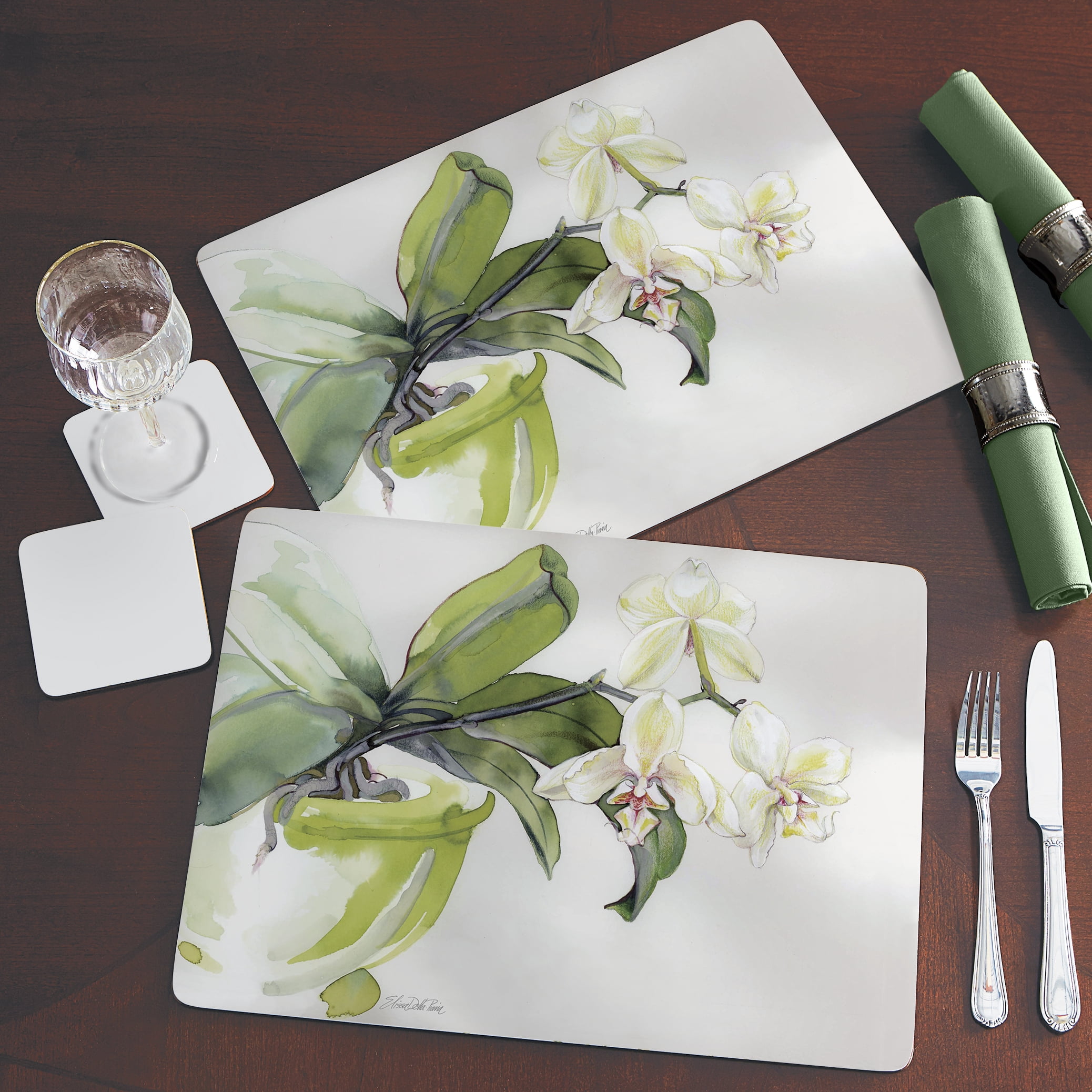 Cala Home "White Orchid" Premium Decorative Hardboard Cork Back Tabletop Placemats 4 Pack