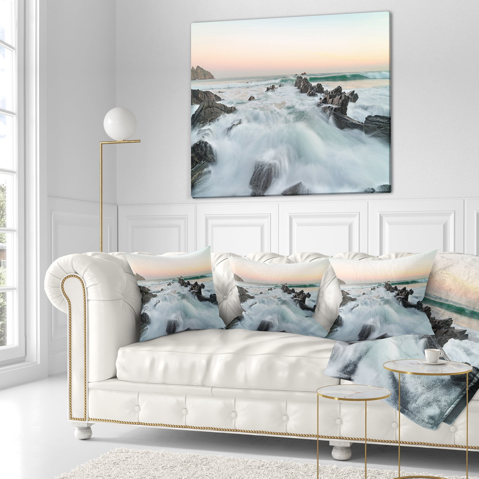 Designart Bay of Biscay Sunrise Waves - Landscape Printed Throw Pillow - 18x18