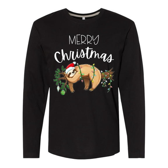 Inktastic Merry Christmas Cute Sloth with Santa Hat and Lights Long Sleeve T-Shirt