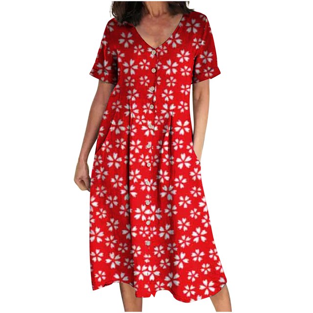 Moda mujer verano estampado casual cuello en V manga corta vacaciones bolsillos botón vestido Fridja bnh3060
