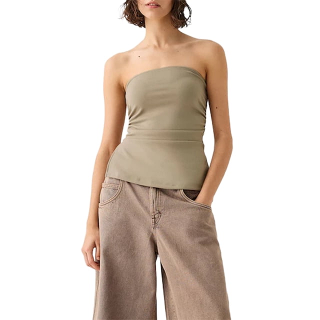 Gupgi Women's Tube Tops Slim Solid Color Bandeau Side Ruched Split Off Shoulder Backless Sleeveless Tops