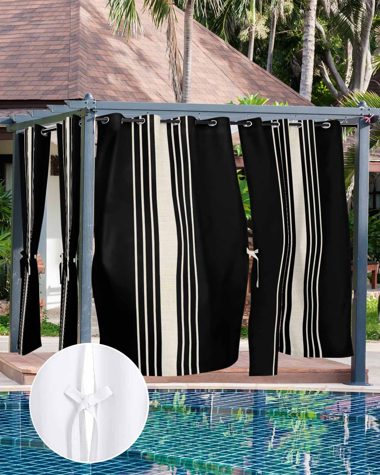 Black Beige Striped Outdoor Curtains for Patio, Modern Farmhouse Retro Lines Privacy Drapes Grommet Waterproof Outside Curtains for Porch/Cabana/Balcony 54"x 108", 1 Panel