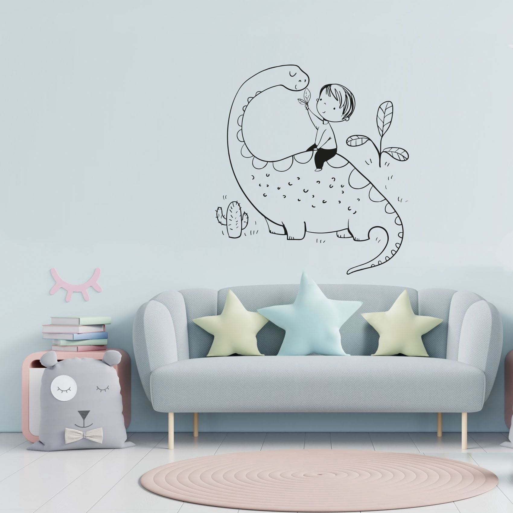 Dinosaur Drawing Cute Brachiosaurus And Baby Boy Playing Silhouette Vinyl Design Wall Sticker Art Decal Boys Girls Kids Room Bedroom Nursery KinderHome Decor Stickers Decoration Size (20x20 inch)