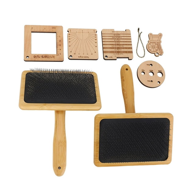 Knitting Gauge Set, Wooden Wool Blending Board Carding Brush Set Yarn Ruler Density Ruler Portable for Grooming Pet