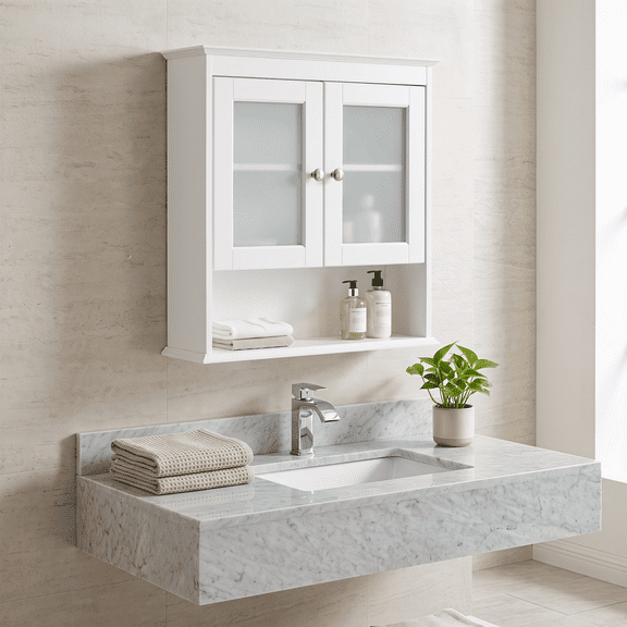 PAWON Bathroom Wall Cabinet with Frosted Glass Doors, Hanging Medicine Cabinet, White