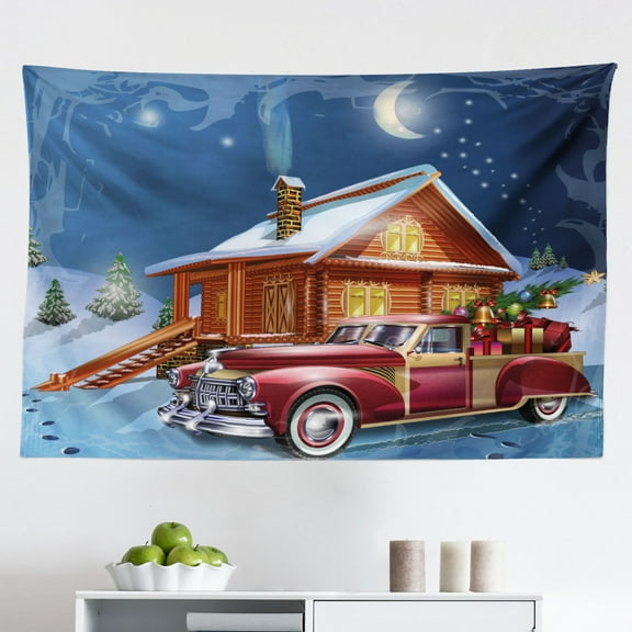 Christmas Tapestry, Blue Vintage Car Dog Driving Santa Costume Bird Tree Gift Present, Fabric Wall Hanging Decor for Bedroom Living Room Dorm, 2 Sizes, White Multicolor, by Ambesonne