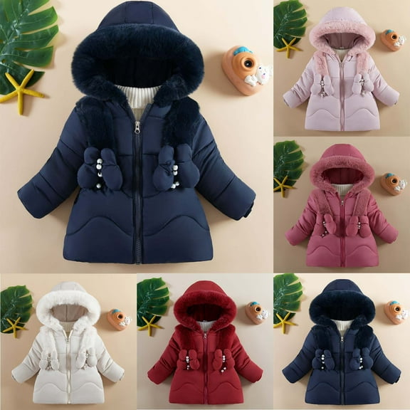 WRKEKC Girls Puffer Jacket Faux Fur Hooded Drawstring Waist with Pocket for Girls 3-8 Years Warm Cozy Winter Outerwear Jackets