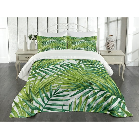 Ambesonne Plant Quilted Bedspread Set 3 Pcs, Colorful Illustration Natural, King Size, Fern Green Lime Green