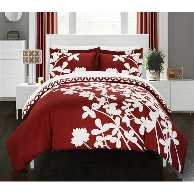 Sweetpea Reversible Scale Floral Design Printed, Diamond Pattern Reverse Duvet Cover Set with Sheets - Red - King & Large - 7 Piece