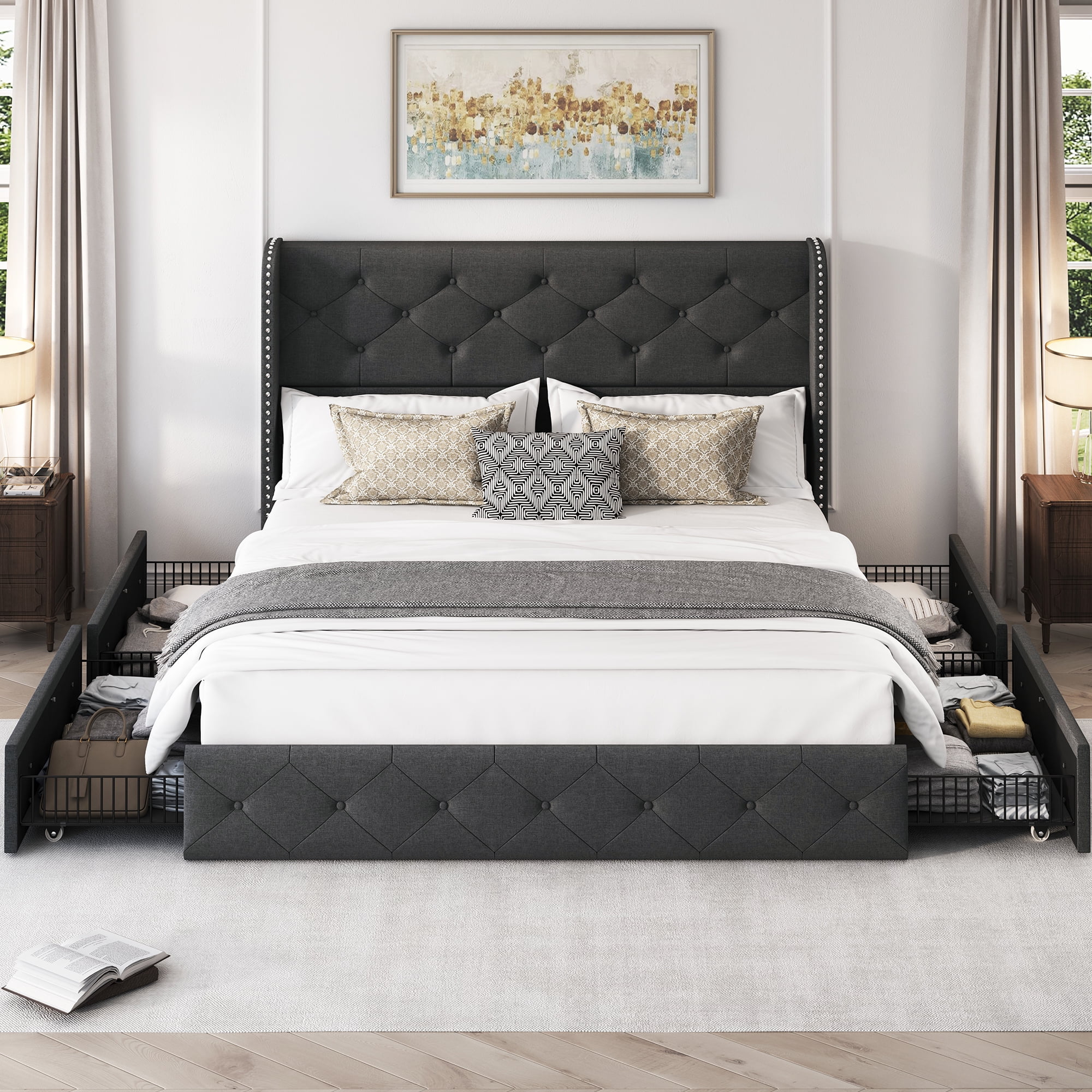 Breltam Full Size Bed Frame with 4 Storage Drawers, Wingback Tufted Headboard, LED Lights, Dark Grey Velvet Upholstered Platform Bed, No Box Spring Needed