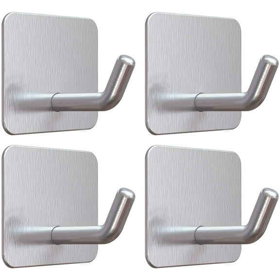 Adhesive Hooks, Heavy Duty Shower Wall Stick on Hooks, Waterproof, 2 Extra Adhesive Strips, Silver, 4 Pcs