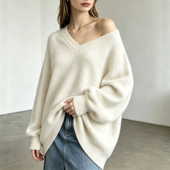 ZDNIXIAN Oversized V Neck Sweaters for Women Loose Slouchy Long Sleeve Knit Pullover Tops, Solid Color Relaxed Fit Drop Shoulder Knit Jumper, Casual Cozy Knitwear for Fall Winter Daily Street Outfits