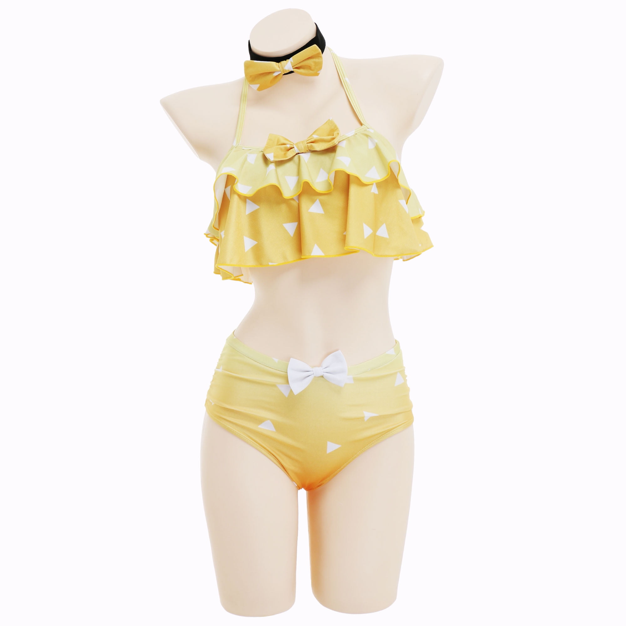 Women Two Piece Bikini Swimsuit Halter Neck Pink Anime Swimwear Ruffle  Splitted Bathing Suit