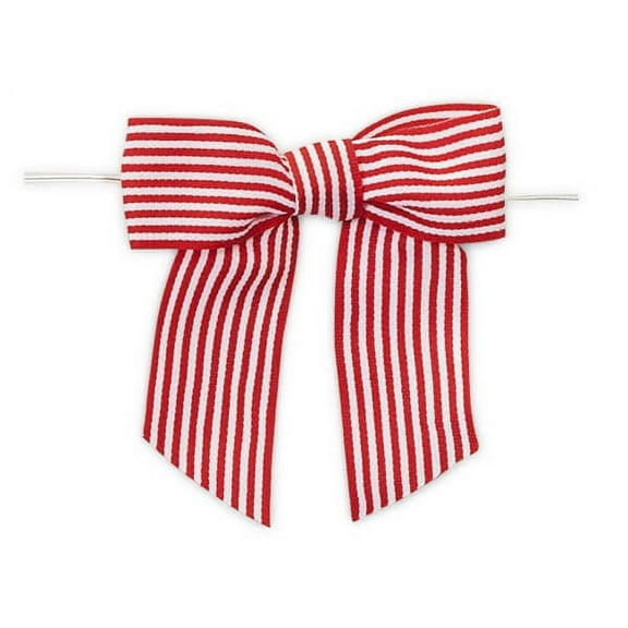 24 PK, 3" Red Stripe Pre-Tied Grosgrain Gift Bows With Twist Ties For Gift Or Cello Bag Packaging