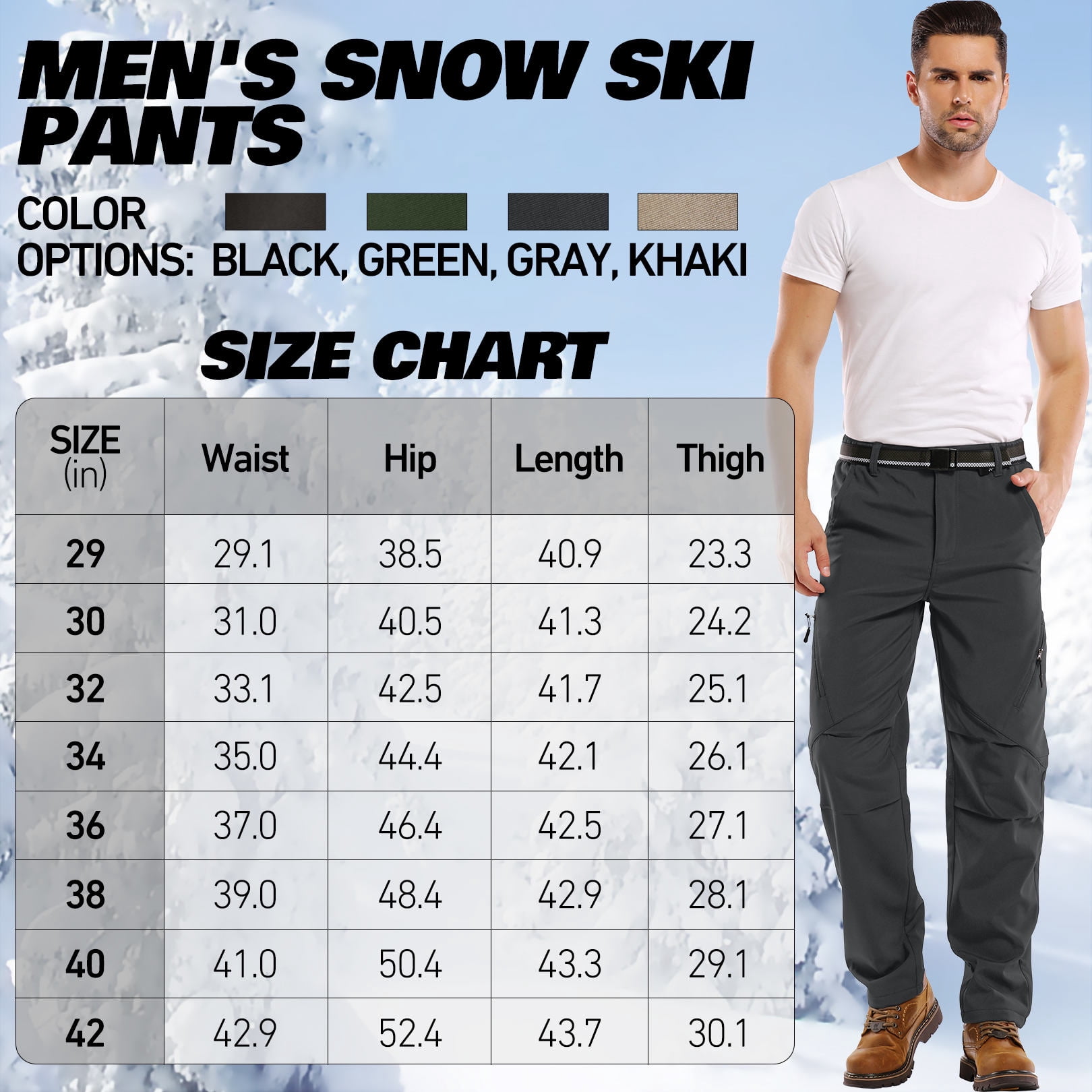 FEN AI Snow Ski Pants Men Waterproof Softshell Pant Snowboard Trousers Fleece Lined Outdoor Hiking Cargo Pants with 6 Pockets
