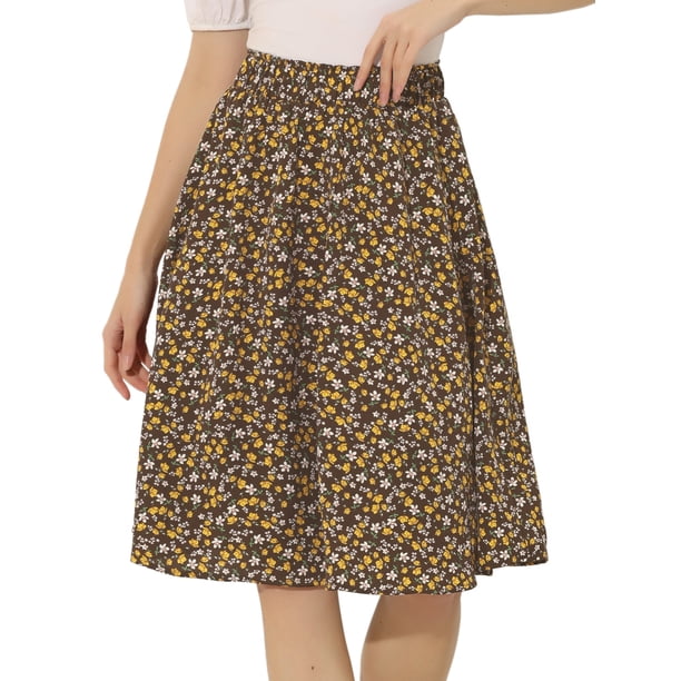 Falda Acampanada Hasta La Rodilla Con Estampado Floral De Verano Para Mujer Marrón M