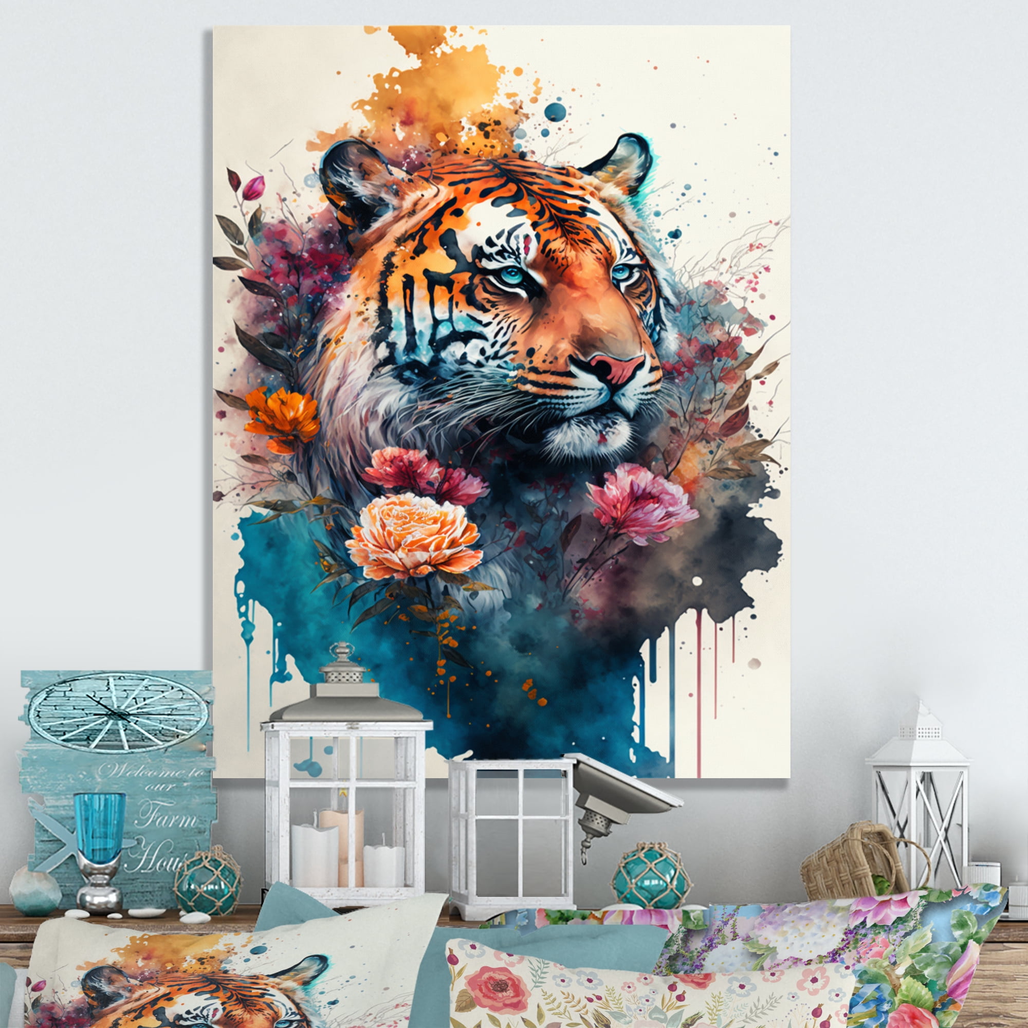 Designart Cute Tiger Floral Art IV Canvas Wall Art