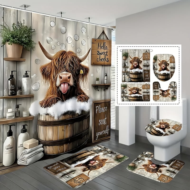 4 Piece Funny Highland Cow Shower Curtain Set - Farmhouse Woodland Bathroom Decor - Washable Fabric Curtain - Rugs and Cover