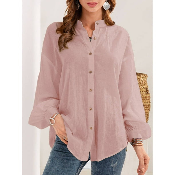 tssuouriy Women Blouse Long Sleeve V Neck Casual Girl Shirt Solid Color  Loose Summer Female Top Pink XL 