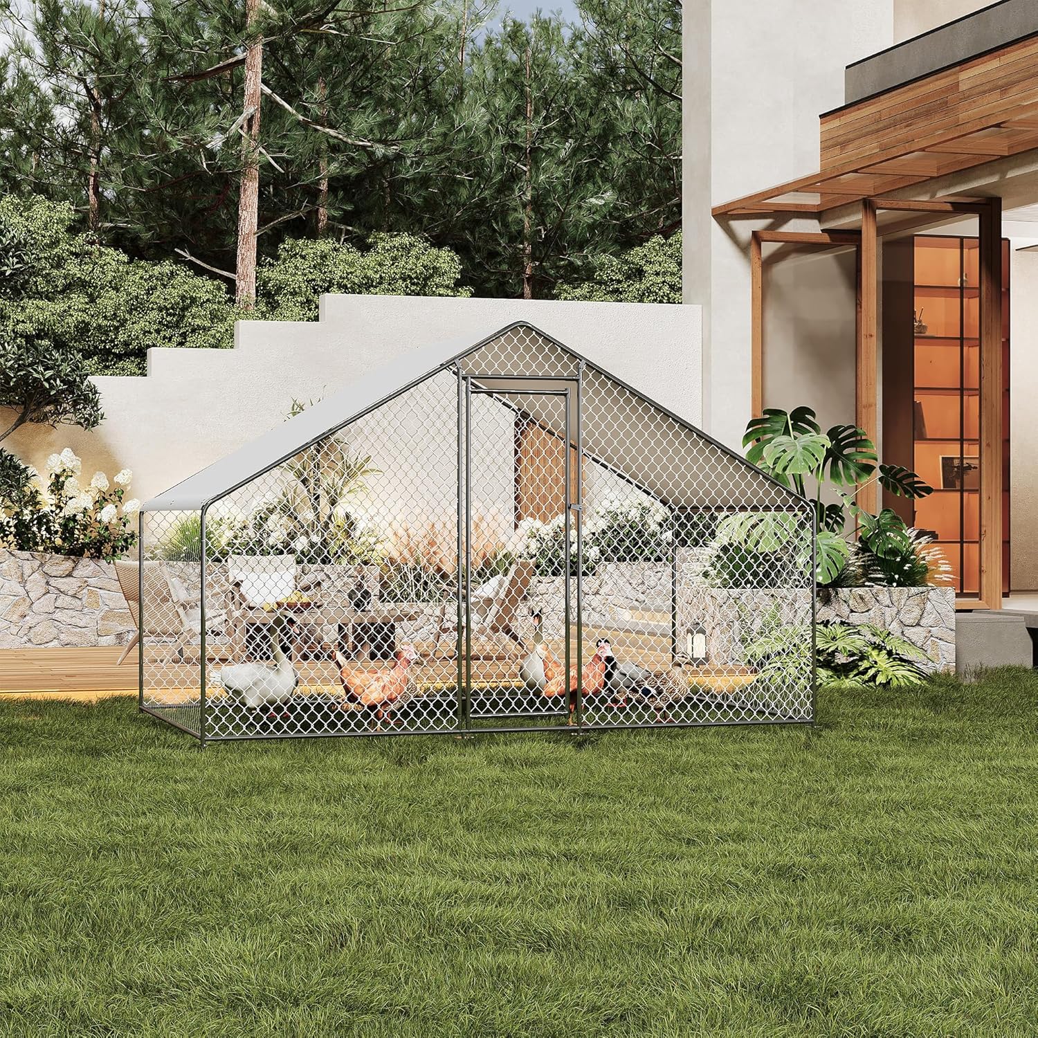Rugerasy 9.8x6.5x6.5FT Large Metal Chicken Coop,Walk-in Poultry Cage with Run,Waterproof Anti-Ultraviolet Cover & Security Lock,Spire/Steep-Pitched Roof for 10 Chickens,Silver