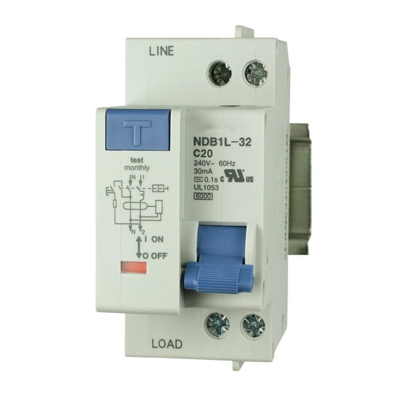 20A, 240V AC,, 1 Pole Neutral Pole, DIN Rail Mount Miniature Circuit Breaker, Trip Curve: C, UL1053 Recognized