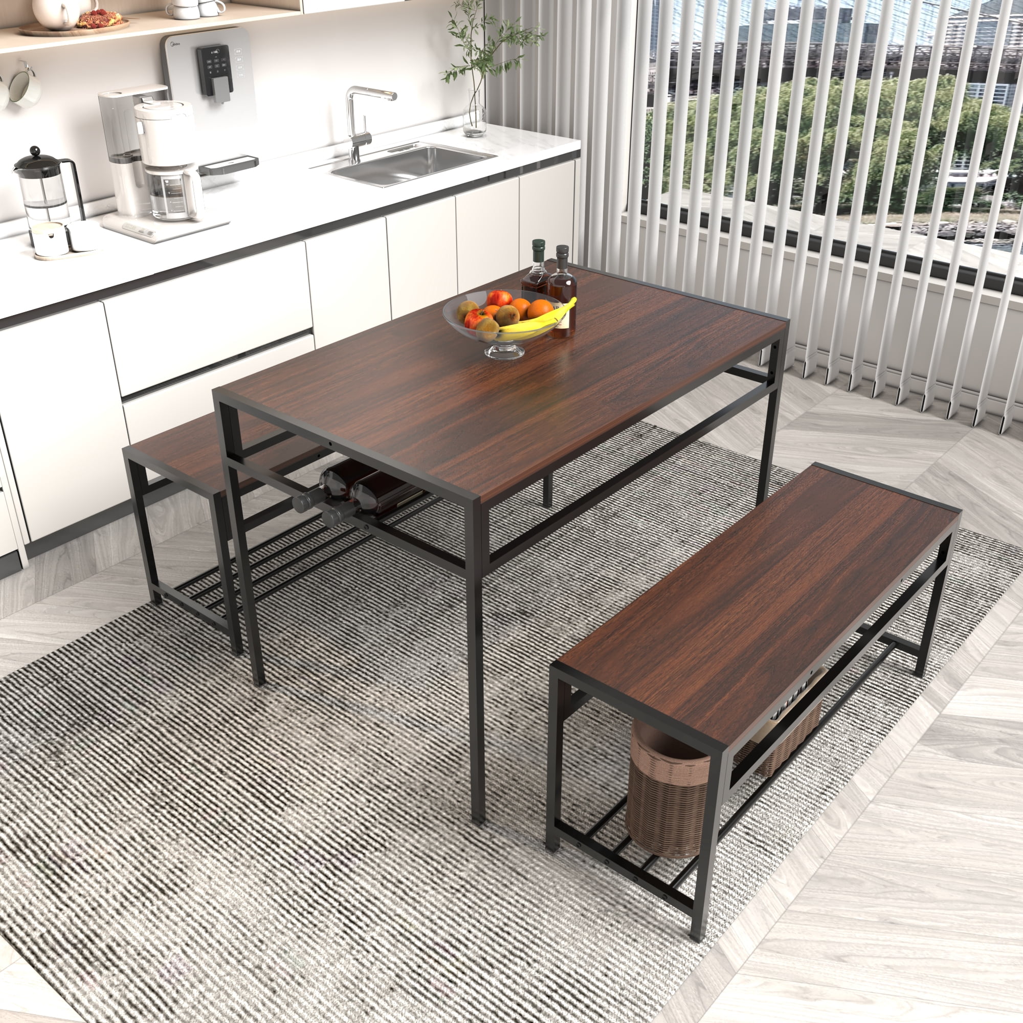 HOQBN Industrial 3 Piece Dining Table Set with 2 Benches,Rectangular Wood Grain Kitchen Table with Built-in Wine Storage Rack, Space Saving Dinner Furniture for Small Apartment Home,Walnut Brown