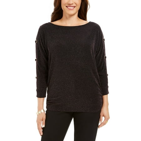 JM Collection Women's Split Sleeve Metallic Threaded Top Black Size Small