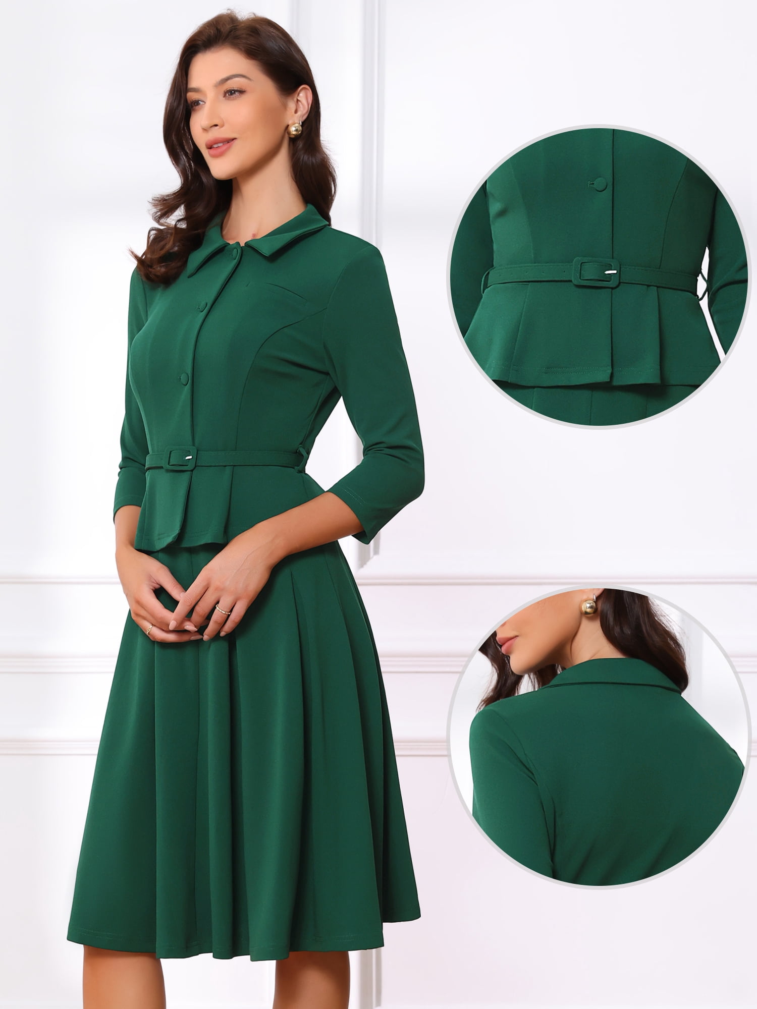 DARING DIVA 2Pcs Women's Office Blazer Jacket Pleated Skirt Suit Set M Dark Green