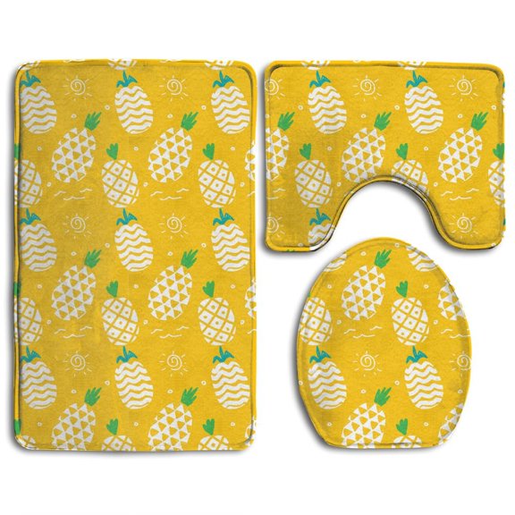 GOHAO Yellow Colorful Cute Funny Pineapple 3 Piece Bathroom Rugs Set Bath Rug Contour Mat and Toilet Lid Cover