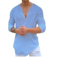 thumbnail image 1 of Camisas Manga Larga Hombre Camiseta sólida informal para hombre, camiseta con cuello en V y diseño de puño especial, blusa holgada de manga larga a la moda (Sky Blue, XXL), 1 of 4