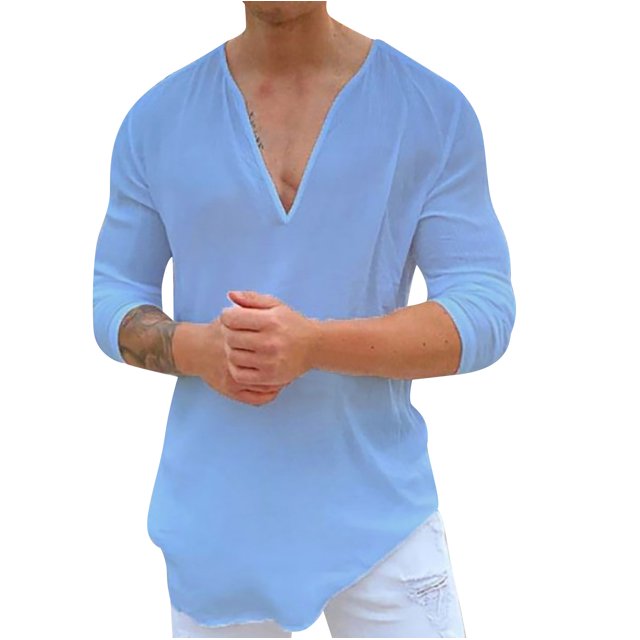 Camisas Manga Larga Hombre Camiseta sólida informal para hombre, camiseta con cuello en V y diseño de puño especial, blusa holgada de manga larga a la moda (Sky Blue, XXL)