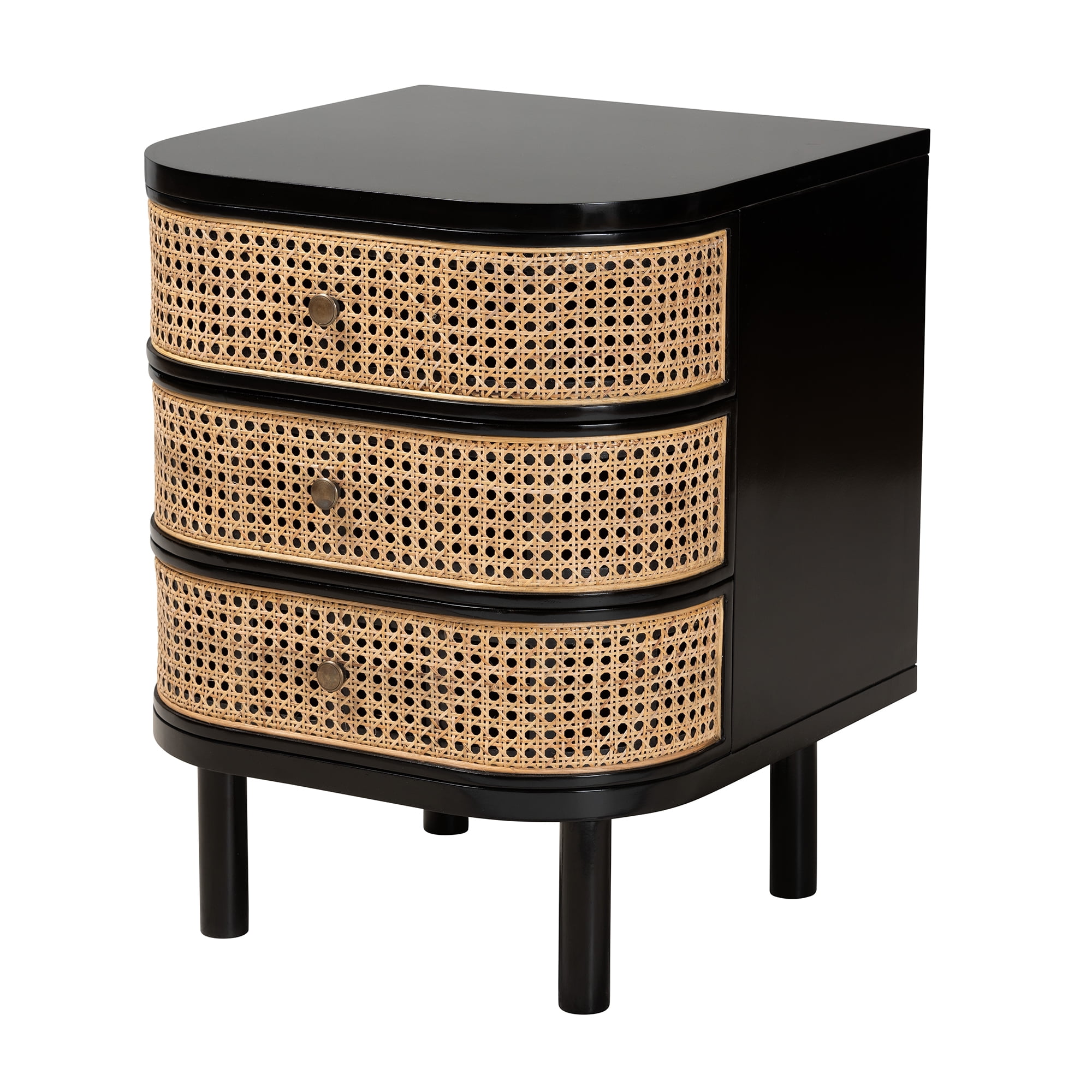 bali & pari Nabila Rattan and Bayur Wood BOHO Nightstand, 3-Drawer, Black
