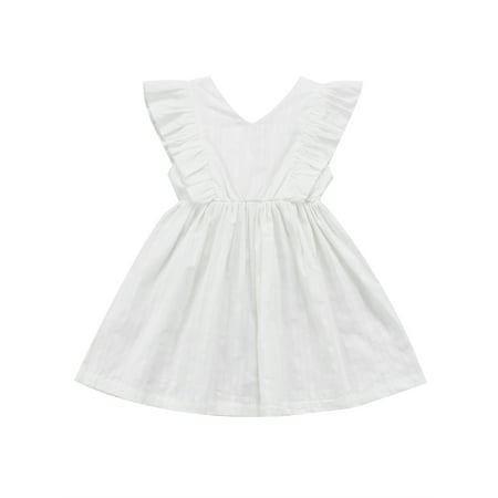 

Toddler Infant Baby Girls Casual Big Hem Dress White Solid Color Sleeveless V-neck One-piece for Summer