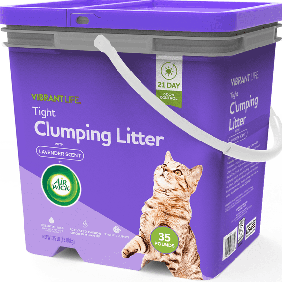 Vibrant Life Air Wick Lavender Oil Scented Clumping Cat Litter with Activated Carbon 14 Days Odor Control, 35 lb. Pail