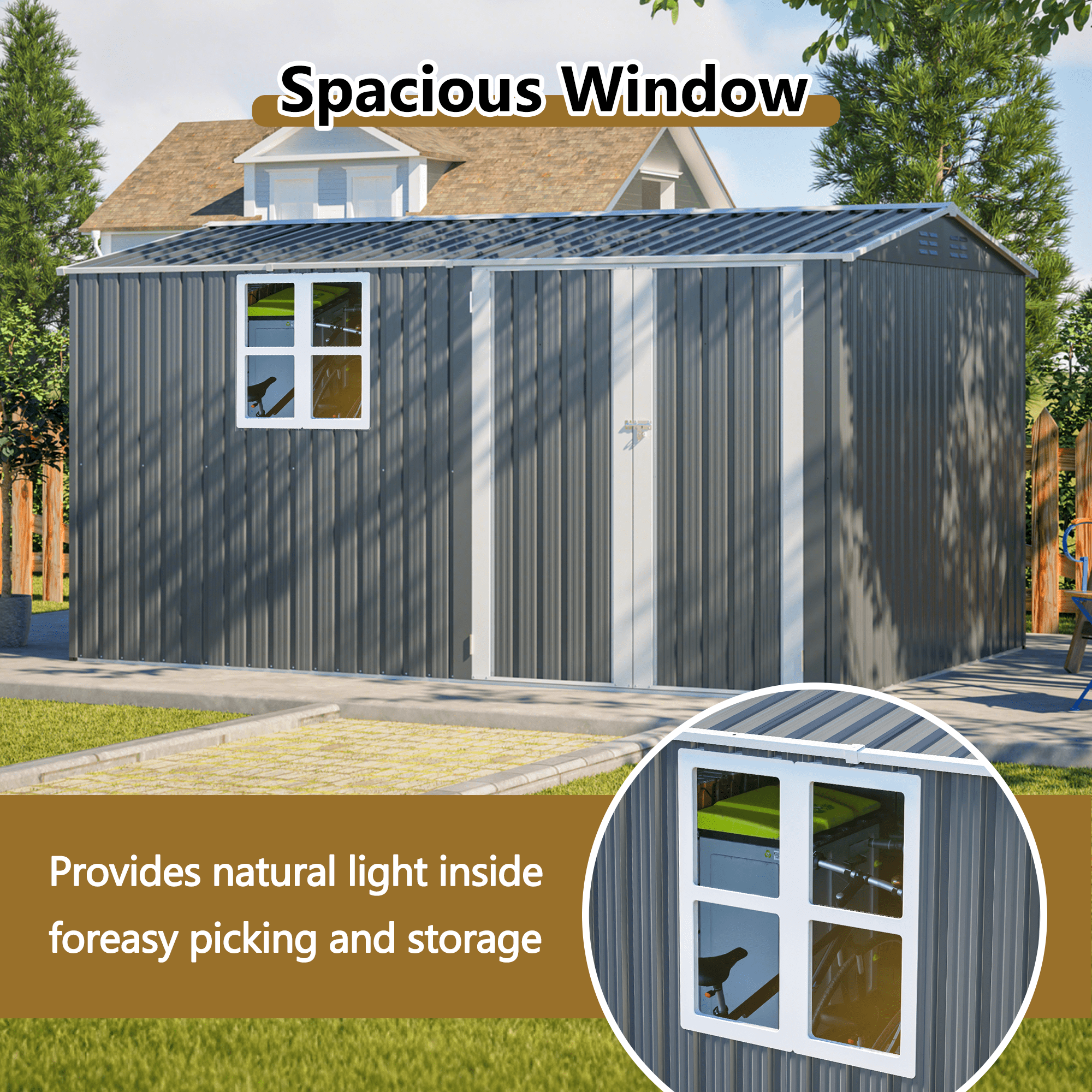 LZBEITEM 12'x8' Outdoor Storage Shed with Floor Frame & Window, Metal Garden Shed Kit, Backyard Shed, Lockable Doors for Backyard Patio Lawn, Gray