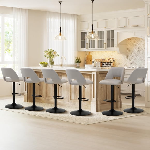 Taburetes de bar COLAMY, 6 unidades, giratorios, ajustables, tapizados, color gris