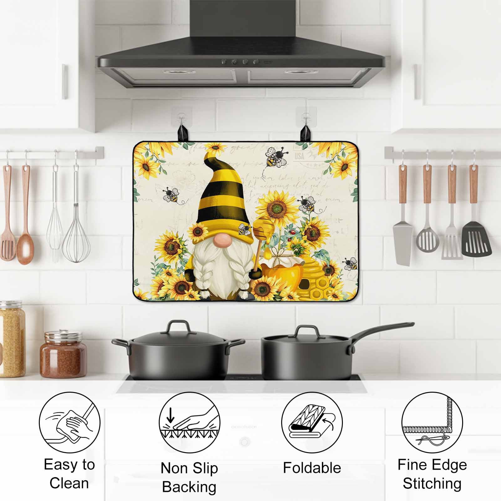Sunflower Stove Top Cover for Electric Stove, Heat-proof & Non Slip Glass Top Stove Cover Protector, Gnomes Flower Bee Eucalyptus Leaves Farmhouse Kitchen Flat Cooktop Rubber Mat 36x21 Inches