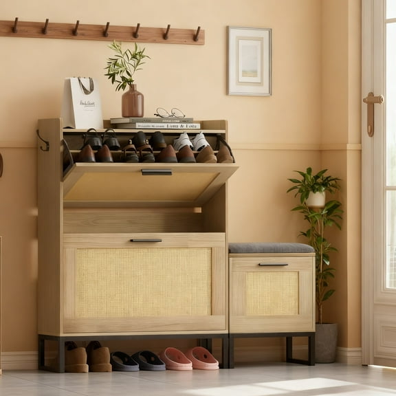 Vabches Rattan Shoe Storage Cabinet with Bench, Narrow Slim Shoe Storage Bench with 2 Flip Drawers, Cushion and Hanging Hooks for Entryway, Living Room, Hallway