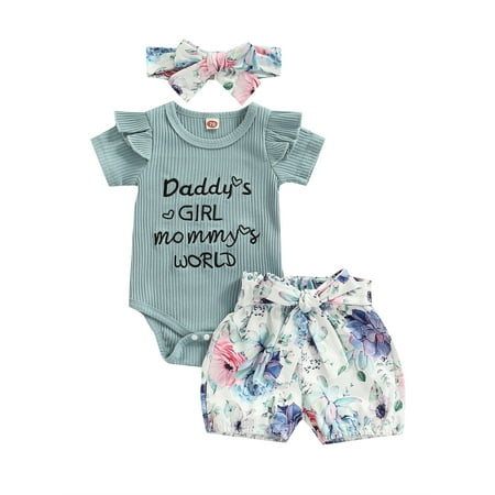 

Sunisery Newborn Baby Girls 3PCS Outfits Set Ribbed Letter Short Sleeve Ruffle Romper Flower Shorts Headband Blue 12-18 Months
