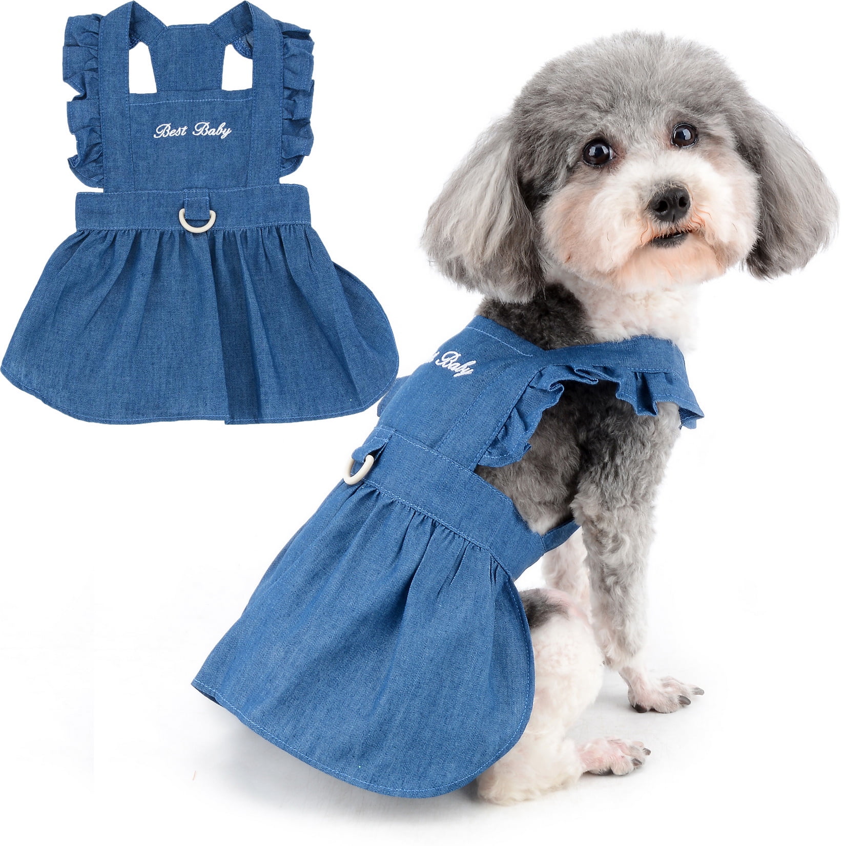 SELMAI Dog Denim Harness Dress Ruffles Puppy Princess Dress for Small