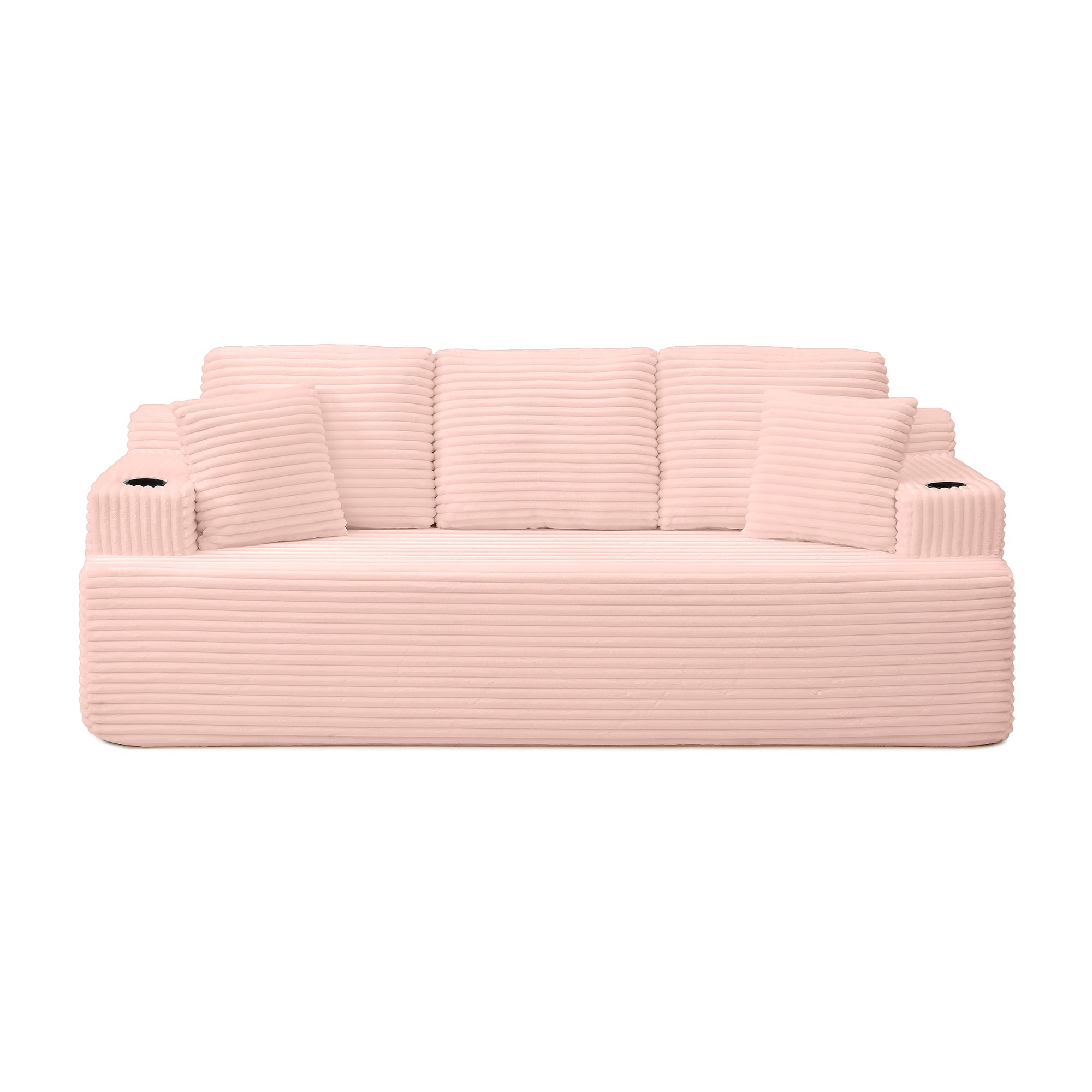 Miniyam 3-Seats Cloud Couch Corduroy Sofa, Boneless Floor Couch No Assembly, with Cup Holders & Side Pockets for Living Room (Pink)