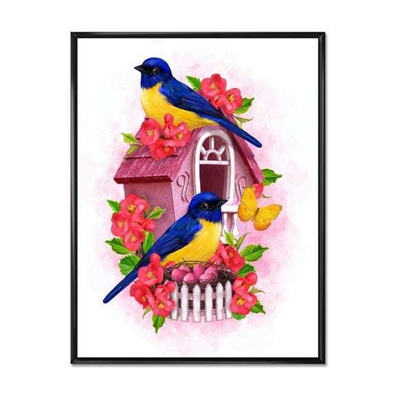 Designart 'Two Yellow and Blue Tit Birds Sitting Near The Nest' Traditional Framed Canvas Wall Art Print