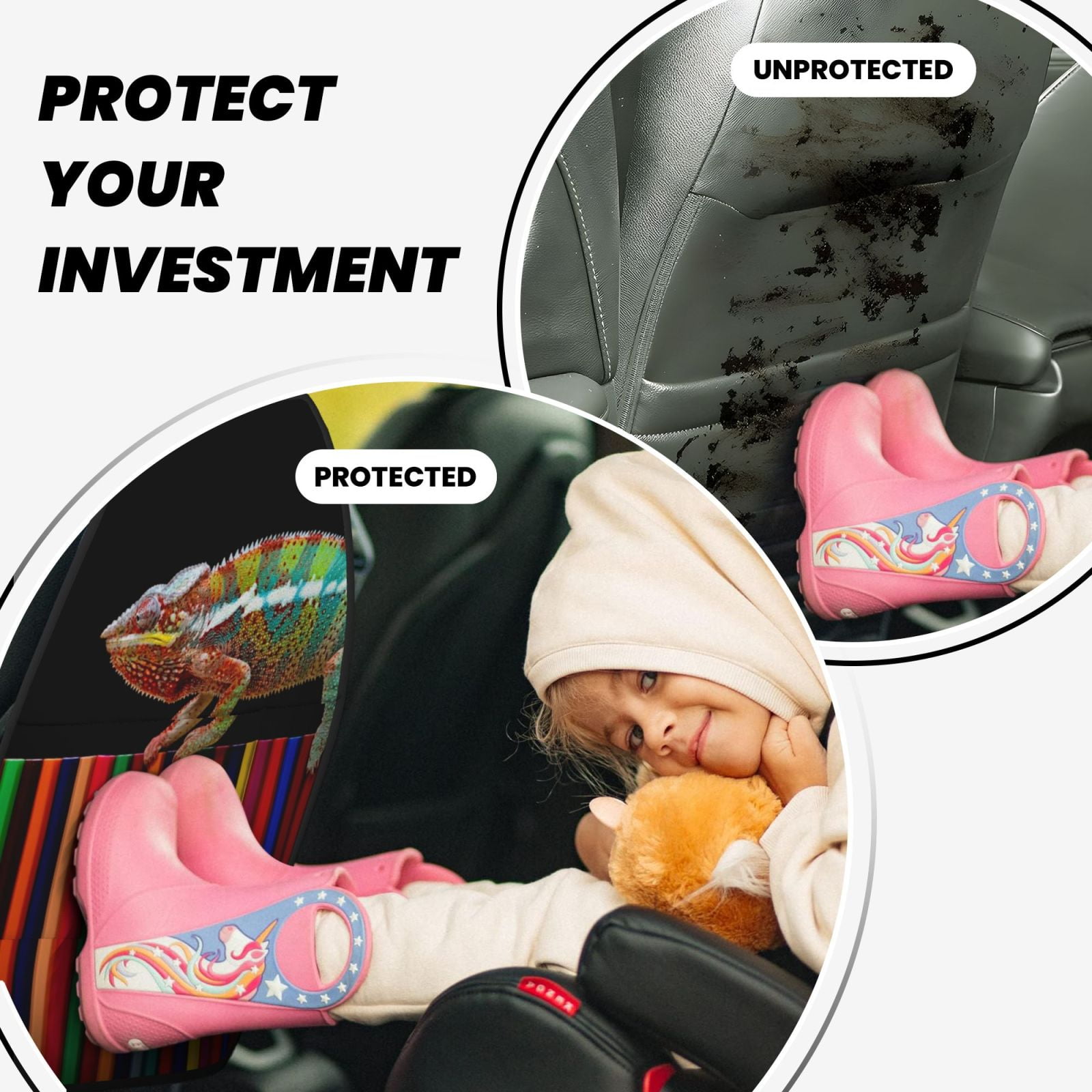 Xecao Chameleon Panther On Colored Pencils Pattern Car Seat Back Protector 2 Pack Large Capacity Pocket, Kick Mats Back Seat Protector