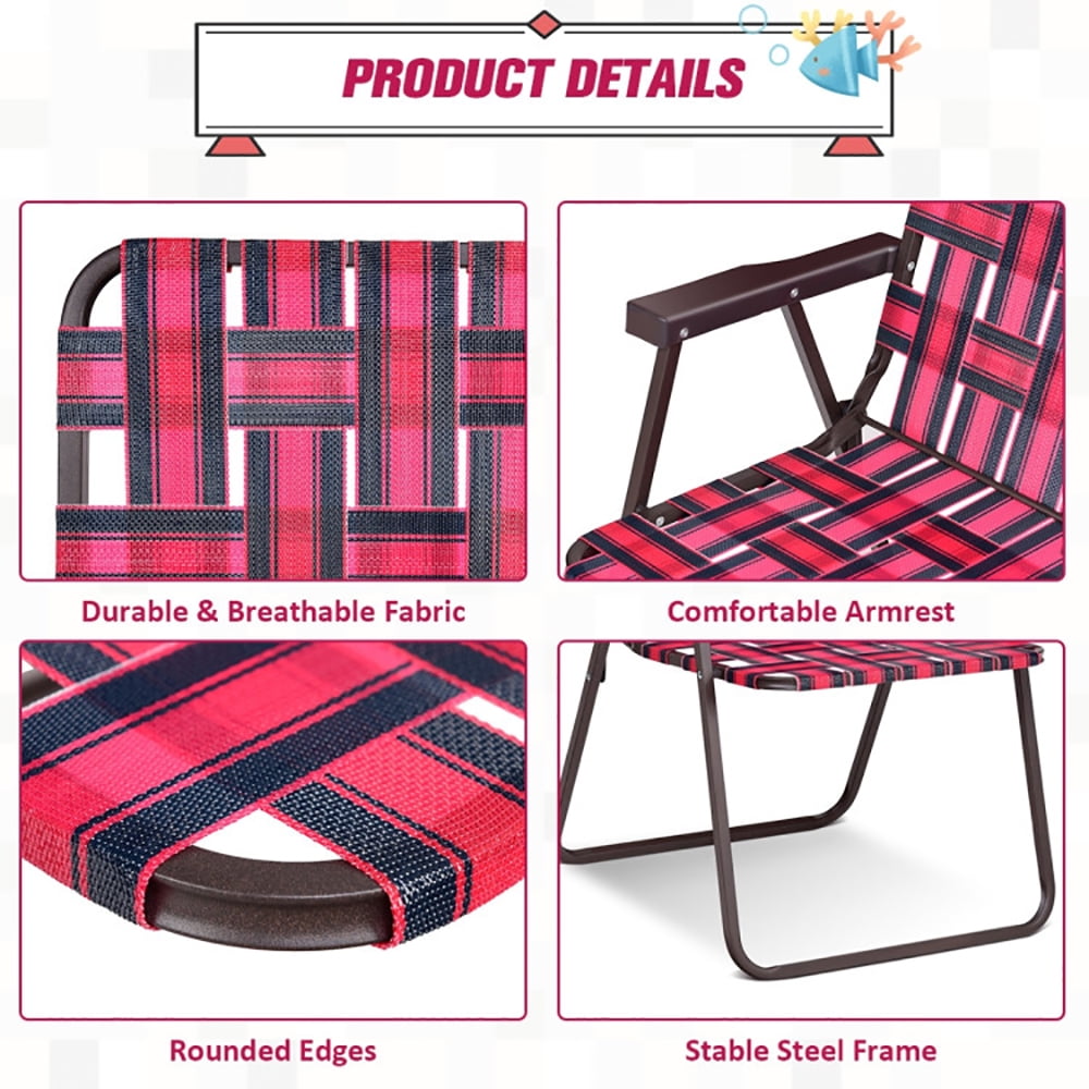 Resenkos 6 Pieces Folding Beach Chair Camping Lawn Webbing Chair-Red, Patio Lawn Webbed Folding Chairs, Outdoor Beach Portable Camping Chair for Yard, Garden Dining