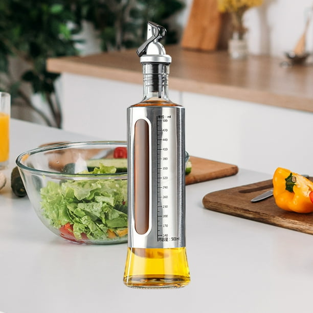 Aceitera de acero inoxidable con escala | Boquilla de apertura y cierre automáticos | Dispensador de condimentos de cocina de vidrio y acero inoxidable | Capacidad: 200 ml, 300 ml y 500 ml